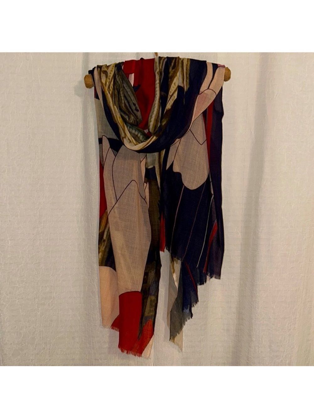 BECK SONDERGAARD 💯Wool Navy Cream Red Green Multicolor Street Print Scarf Wrap